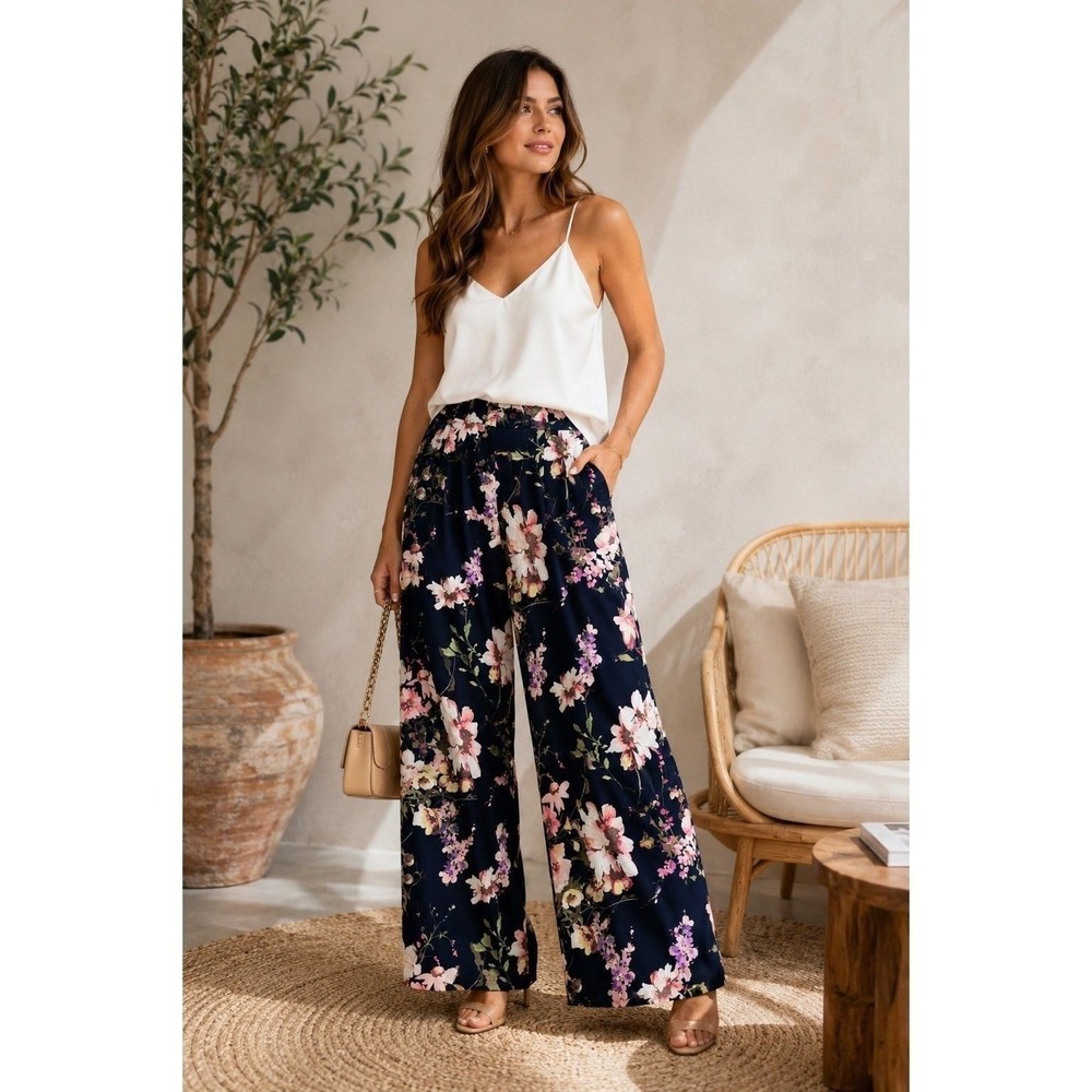 7th Avenue Floral Wide Leg Pants Women's Size 12 Navy High Rise Pull On